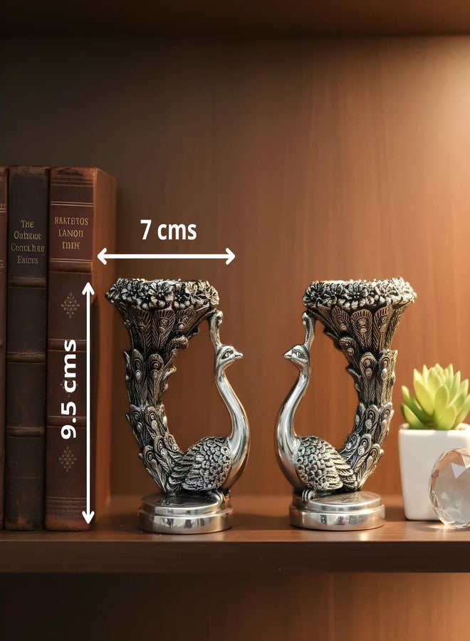 Dev Aastha 999 Silver Plated Peacock Idol | Pack of 2 | 9.5 cm Height | Vastu Decorative Temple Candle Holder | Auspicious Silver Gift - Image 2